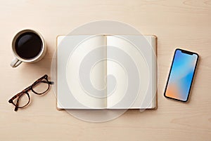 Minimalist workspace flat lay with blank notebook, coffee and smartphone, copy space