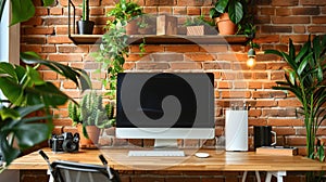 Minimalist Workspace with Greenery and Brick Wall