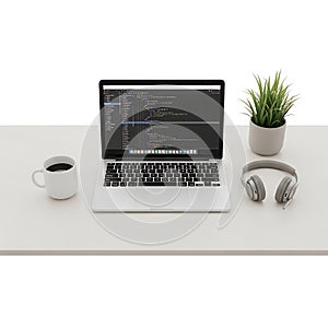 Minimalist workspace with laptop coding setup, coffee, headphones, and plant