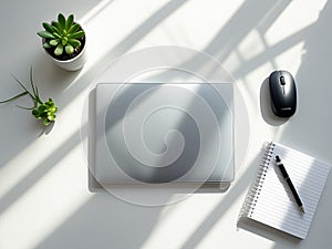 Minimalist Workspace with Laptop, Notebook, and Succulents