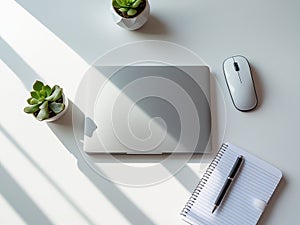 Minimalist Workspace with Laptop, Notebook, and Succulents