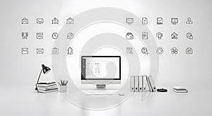 Modern Workspace with Computer Display and Desk Accessories on White Surface