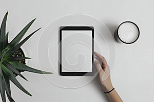 Minimalist Workspace: Tablet, Plant, and Coffee