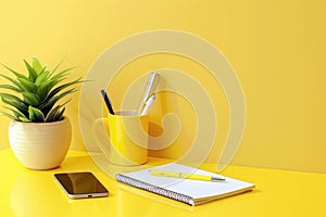 Minimalist yellow desk with plant, smartphone, and notebook photo