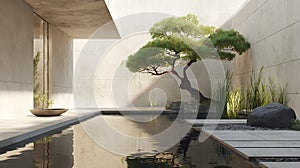 Minimalist zen garden design with water feature tree and stone elements for relaxation and meditation space