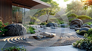 Minimalist Zen garden with raked sand and simple