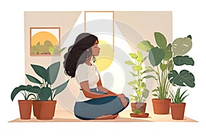 minimalistic 2d illustration girl doing yoga at home near flowers, ai generative