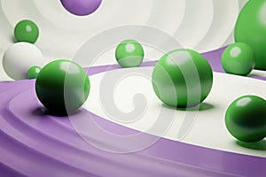 Minimalistic 3D Abstract: Spheres and Circles in Green, Purple, and White Waves - Contemporary Artistry