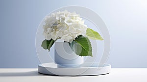 Minimalistic 3d Rendering Of A Hydrangea On A White Platform