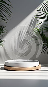 Minimalistic 3D white room, whitewood pedestal, palm shadow, abstract showcase with realism.