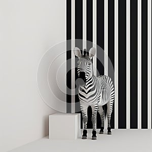 Minimalistic 3d Zebra And White Cube On Striped Wall