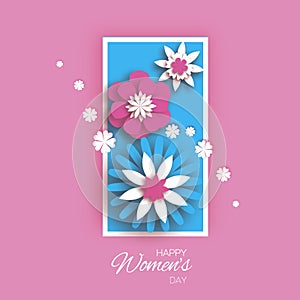 Minimalistic 8 March. Origami Happy Women`s Day. Floral Greeting Card. Paper cut Pink Blue Flowers. Rectangle vertical