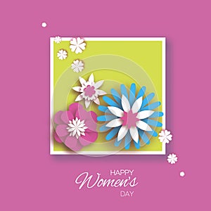 Minimalistic 8 March. Origami Happy Women`s Day. Floral Greeting Card. Paper cut Pink Blue Flowers. Square frame. Text