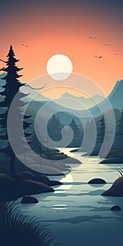 Minimalistic 8k Landscape Illustration: Tranquil Bay, Waterfalls, Trees