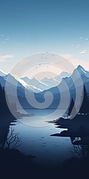 Minimalistic 8k Landscape Vector Illustration With Tranquil Fjord And Glaciers