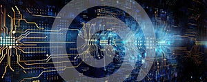 minimalistic abstract background with circuitry patterns and binary code, symbolizing the intricate workings panorama