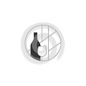 Minimalistic abstract black and white logo for alcoholic bar, shop, restaurant. Bottle and Glass for red wine. Nothing extra