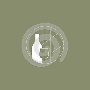 Minimalistic abstract green and white logo for alcoholic bar, shop, restaurant. Bottle and Glass for red wine. Nothing extra