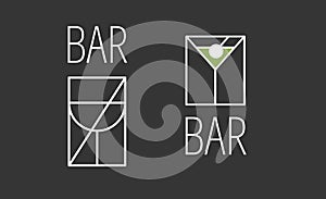 Minimalistic abstract set of logos for alcoholic bar, shop, restaurant. A glass for red wine and martini with the inscription \