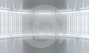 Minimalistic abstract white background stage. Neon light from lamps on walls of circular room. 3d illustration