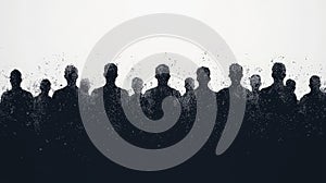 This minimalistic artwork depicts an abstract outline of a group of people, with each figure defined by sharp black outlines photo