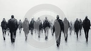 This minimalistic artwork depicts an abstract outline of a group of people, with each figure defined by sharp black outlines photo