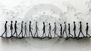 This minimalistic artwork depicts an abstract outline of a group of people, with each figure defined by sharp black outlines photo
