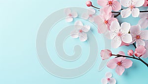 Minimalistic background with spring flowers on a soft blue background. Copy space