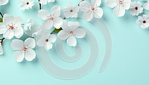 Minimalistic background with spring flowers on a soft delicate blue background. Copy space