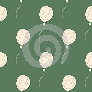 Minimalistic balloon cartoon doodle seamless pattern. Light pink birthday elements with dashes on green background