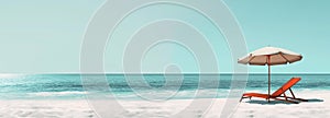 minimalistic banner with a lonely calm seascape overlooking the Horizon and the water surface with one sun lounger without people