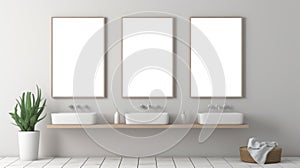 Minimalistic Bathroom Decor: Three White Posters In 8k Style