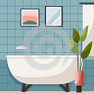 Minimalistic bathroom interior with modern furniture, plant, pictures, shelf with bath items