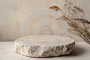 Minimalistic beige stone podium with dried plants. Mock up for product, cosmetic presentation. Pedestal, platform for