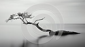 Minimalistic Black And White Seascape: Tree On Rock In Calm Water