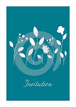 Minimalistic blue invitation. Ð¡ard with white floral pattern