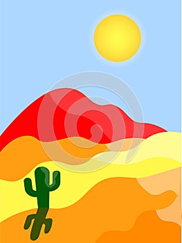 A minimalistic bright desert landscape in red, yellow and orange colors. Cactus among the dunes under the scorching sun