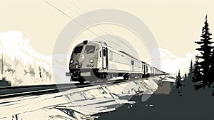 Minimalistic Brushwork: Retro Train Illustration On Rail