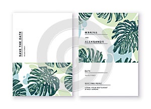 Minimalistic cards with tropical leaves of monstera on background of abstract spots in restrained colors.