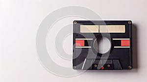 Minimalistic cassette tape on a clean white background, representing simplicity and retro music. Concept of vintage