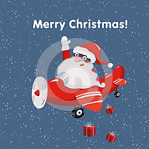 minimalistic christmas card with santa claus flying in airplain, freehand christmas illustration with cartoon character