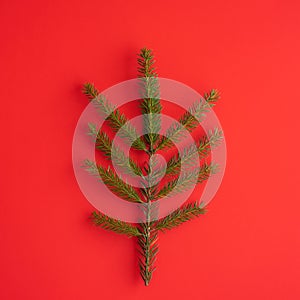 Minimalistic Christmas tree made of evergreen fir plant on red background. Christmas, new year concept. Flat lay