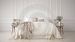 Minimalistic classic bedroom, white interior design