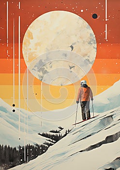 Minimalistic collage of a human, skiing in the mountains in winter with huge planet in the sky. Surreal collage-style