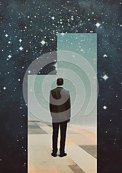 Minimalistic collage of man in black suit at night looking at the sky and stars