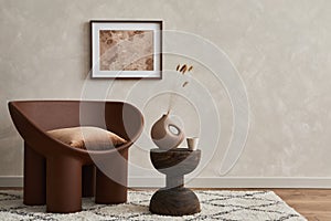 Minimalistic composition of elegant living room with creative armchair, mock up poster frame, coffee table and stylish personal.