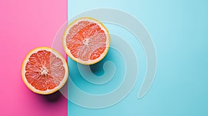 Halved grapefruit on a vibrant pink and blue background