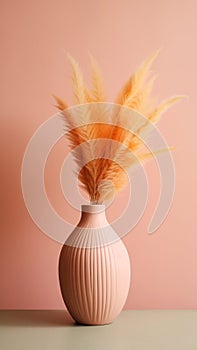 A minimalistic composition featuring a pink vase with delicate fluffy peach fuzz color pampas grass on a pastel background