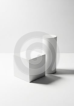 A minimalistic composition featuring two geometric shapesâa white cube and a