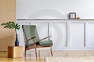Minimalistic composition at living room interior with design green armchair, beige panel, plants, cube, shelf, copy space.
